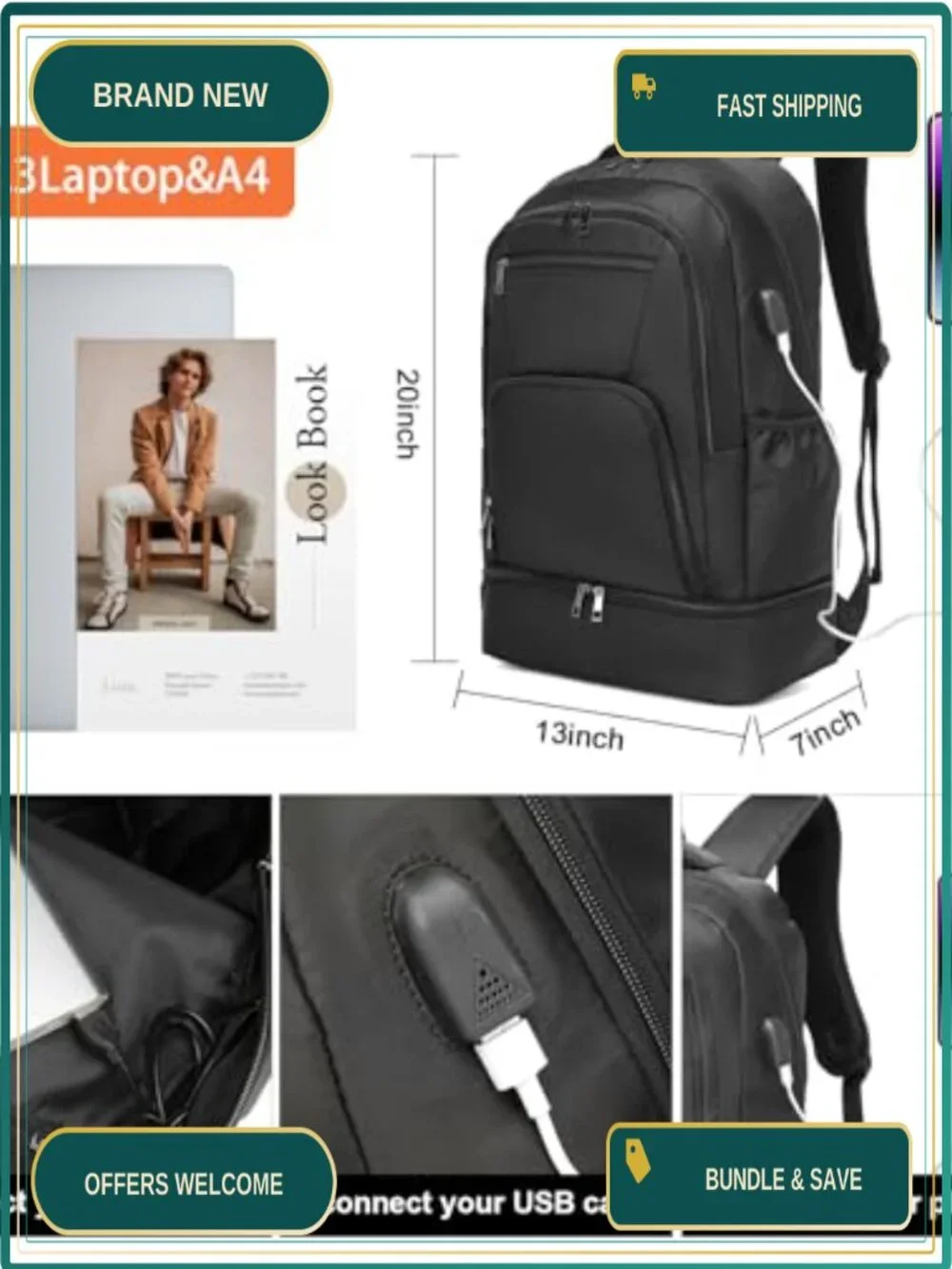 Gym Backpack with Shoe Compartment Waterproof USB Charging Travel Laptop Daypack